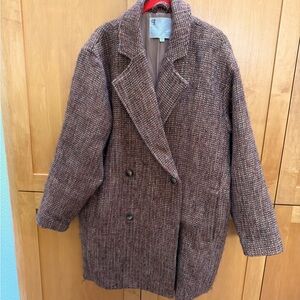 Anthropologie Women's Brown Tweed Double-Breasted Coat Size M Classic Chic
